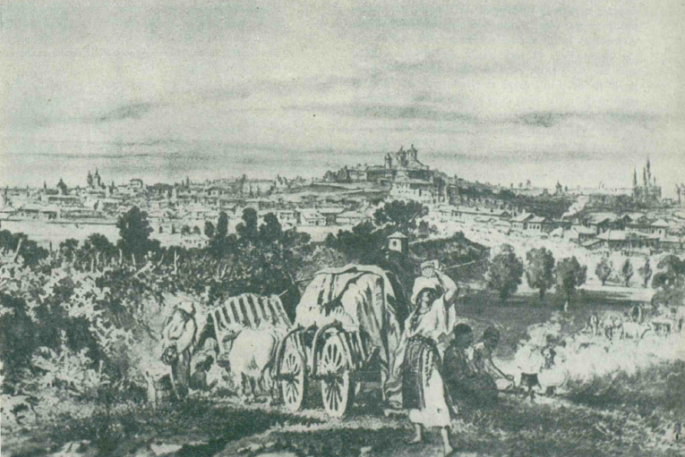 Vedere panoramica a Bucurestiului din dealul Filaretului, desen de Preziosi. Sursa: "Istoria Bucurestilor", de Constantin C. Giurescu